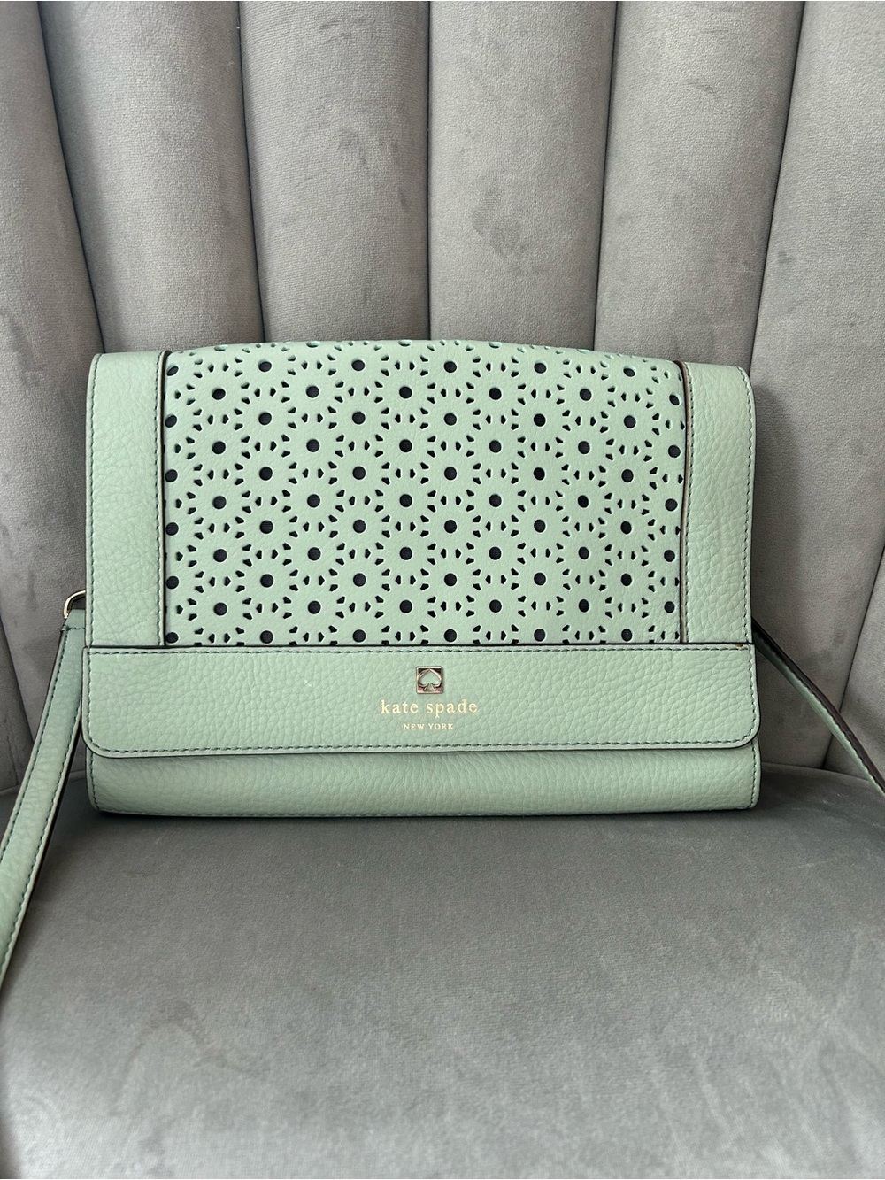 kate spade Mint Green Perforated Leather Crossbody with Gold Logo